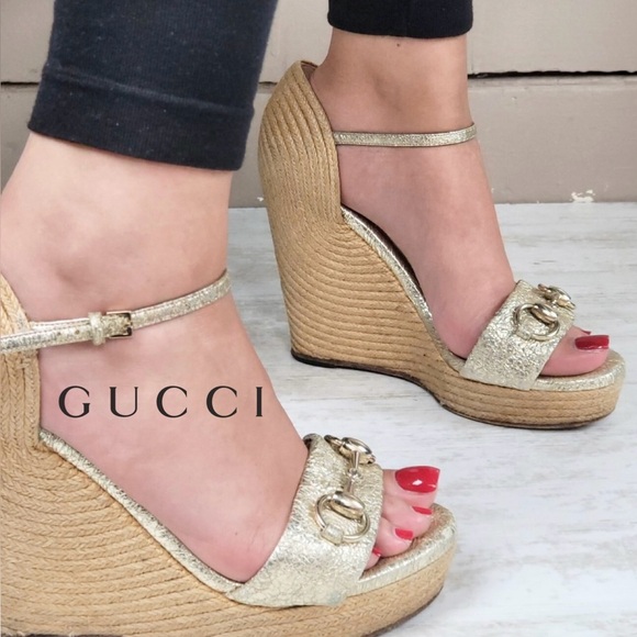 AUTHENTIC GUCCI HORSEBIT METALIC WEDGE ESPADRILLES - Picture 1 of 13